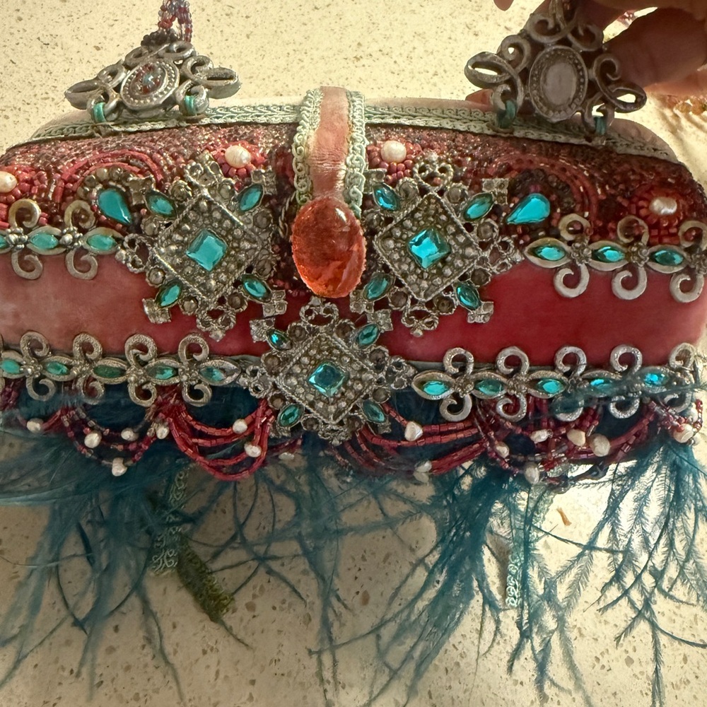 Mary Frances Pink and Blue Clutch with Fringe Detail